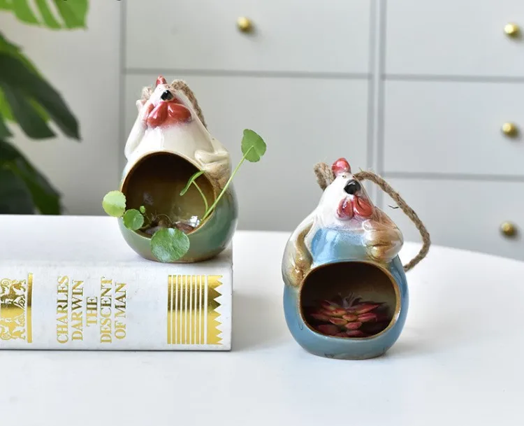 Hemp rope fleshy flowerpot ceramic flowerpot hanging basin wall hanging creative Rooster flower ornament