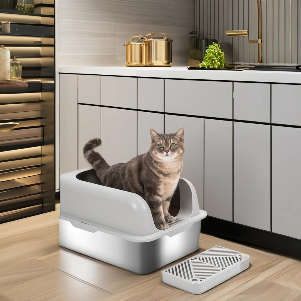 Oversized Open Style Stainless Steel Cat Litter Box Raised Fence High Absorption Splash Proof Cat Toilet Poop Basin Cats Dogs