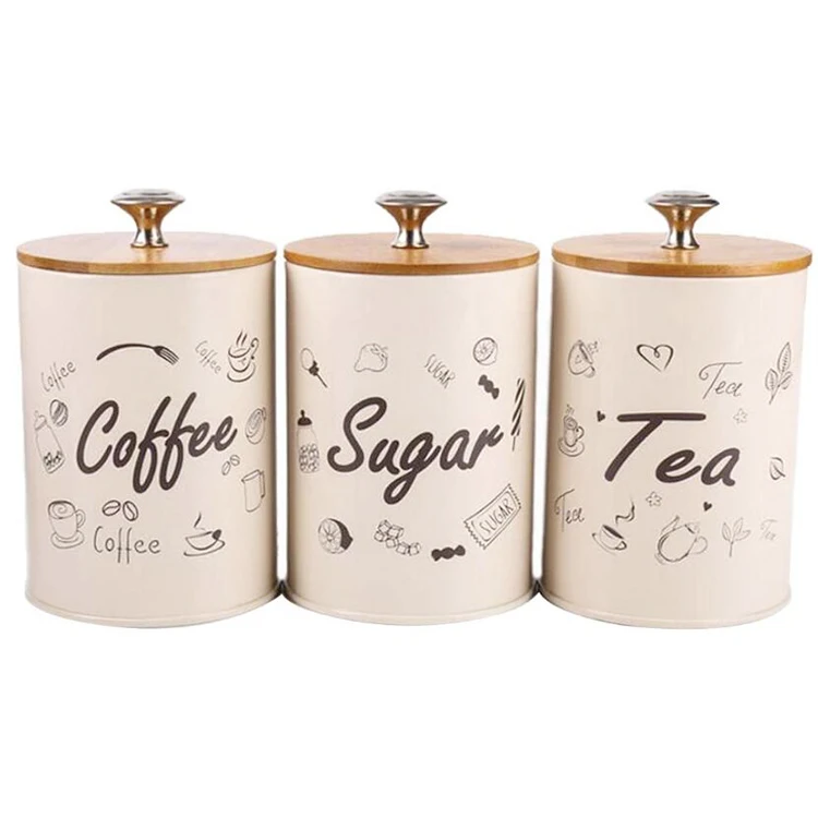 Powder Coated Tea Coffee Sugar Canisters Stainless Steel Coffee Canister Food Canister With Bamboo Lid