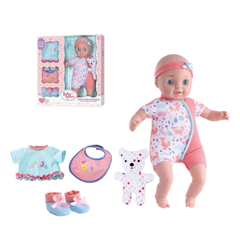 High quality hot selling 14 inch soft vinyl ceruty baby doll big gift set kids toys and accessories