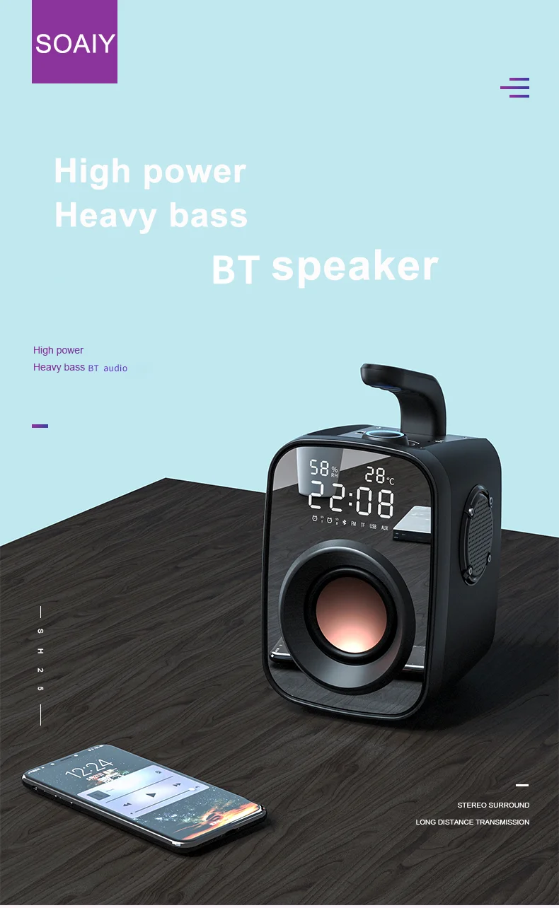 Soaiy Sh25 Hifi Sound Quality Bt Speaker High Power Heavy Bass Mirror Led Large Screen Display Stereo Subwoofer Mini Speaker