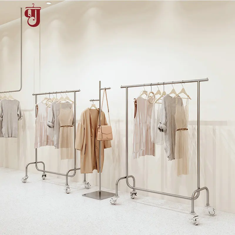 Display rack clothing store hanger floor stainless steel brushed silver island hanging rod with wheels