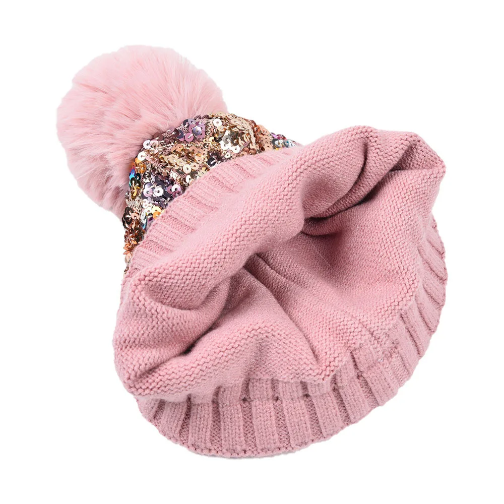 Wholesale new sequined woolen hat autumn winter sequined warm removable wool ball knitted hat for women pompom