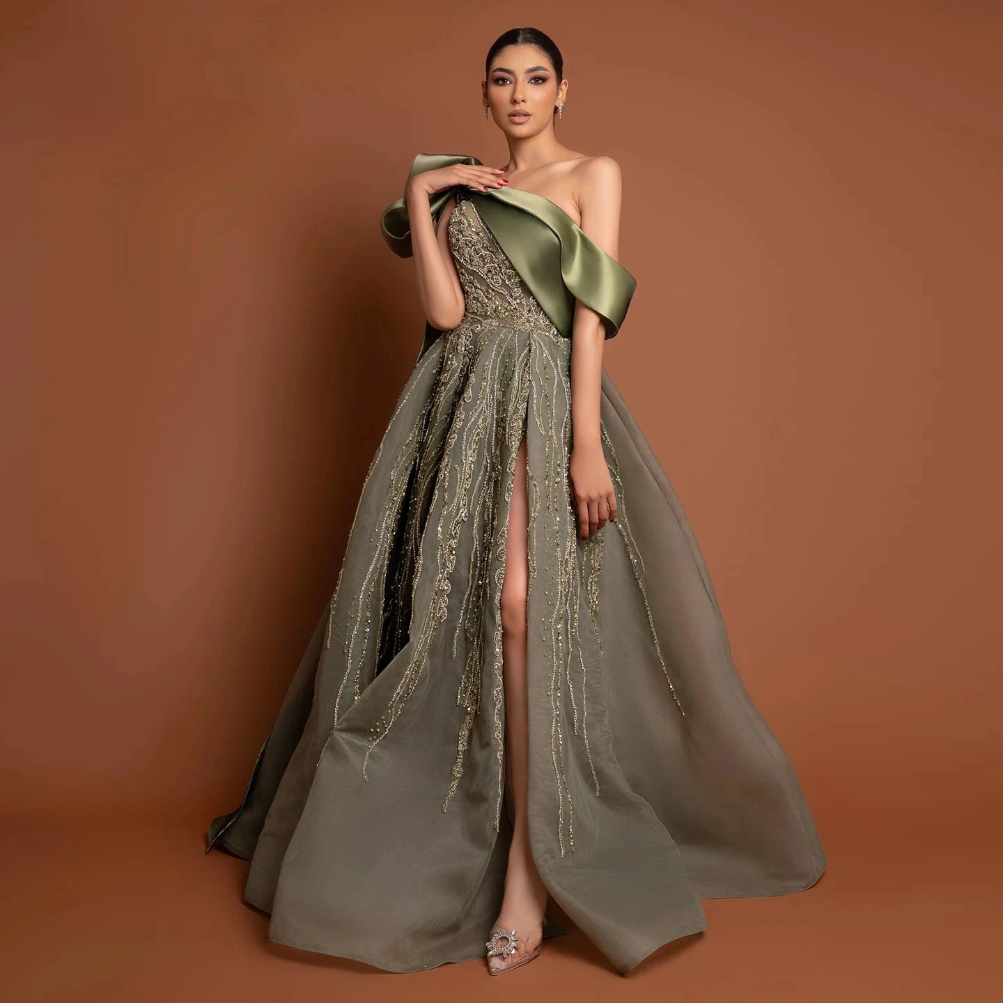 Luxury Dubai One Shoulder Olive Green Arabic Evening Dress With Cape Sleeves Side Slit Wedding Party Gowns Sz323