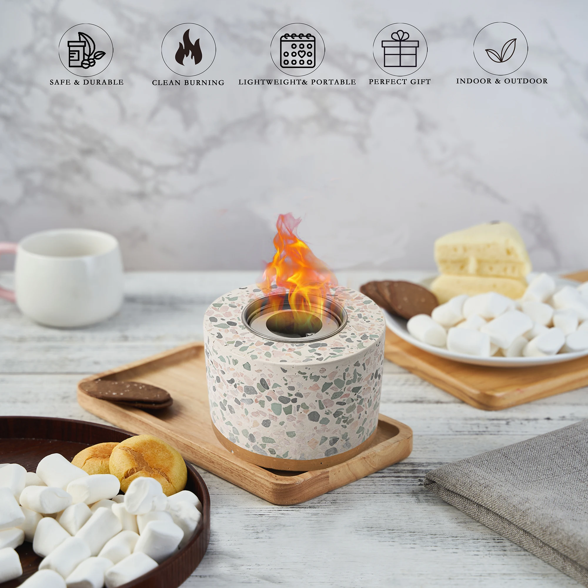 Portable Outdoor & Indoor Concrete Tabletop Fire Pit Bowl, Bioethanol Fuel Tabletop Smores Fire Pit with Roasting Sticks