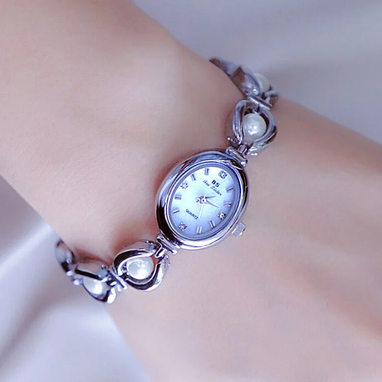 BS FA1685 New Fashion High Quality luxury Simple Girls Pearl Bracelet Quartz Watch Silver Gold Unique Oval Shape Ladies Wa