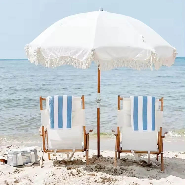 Best Price Wooden Pole Canvas Waterproof Patio Swimming Pool Garden Wooden Sun Beach Outdoor Umbrella With Tassels