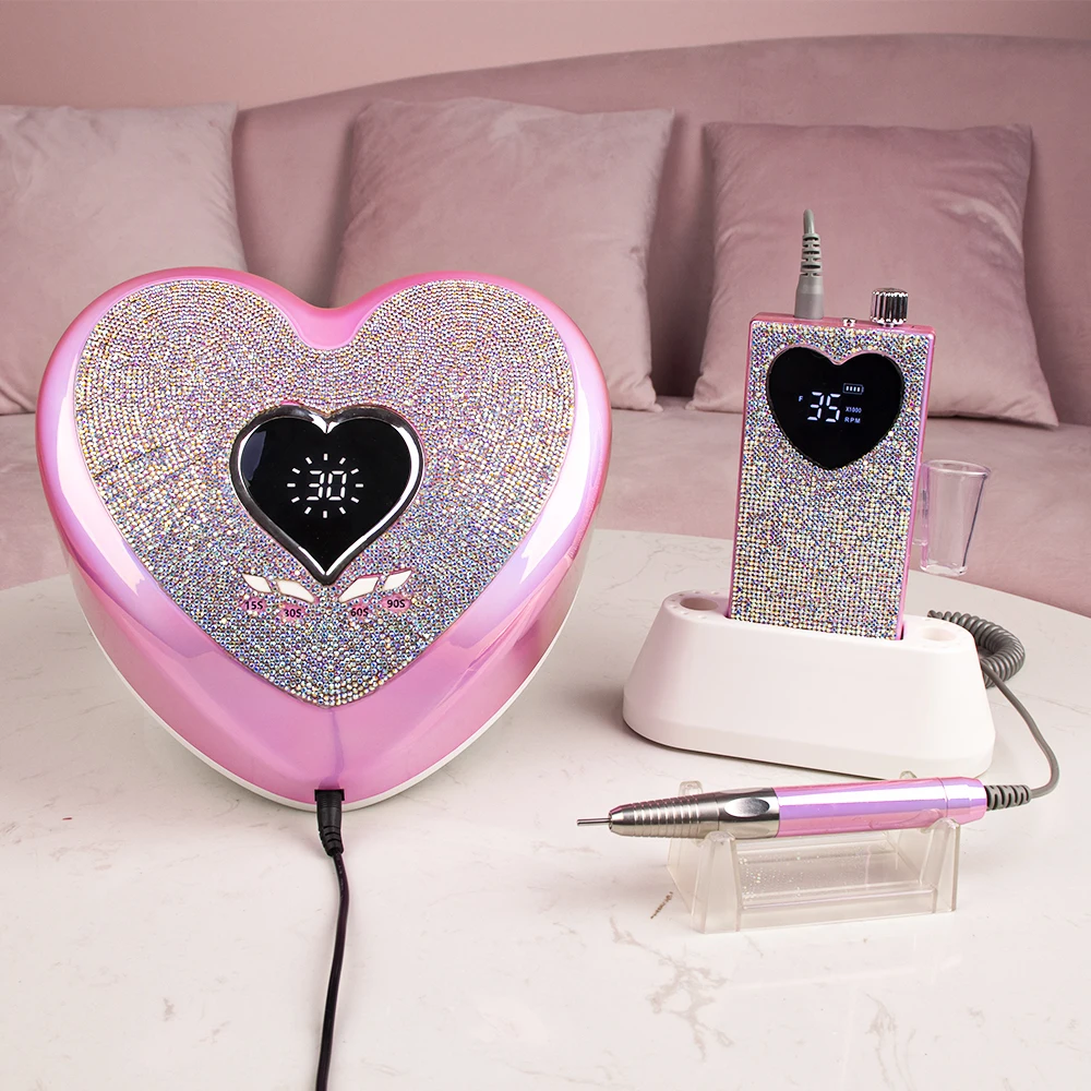 Magic Pink Heart Shape Nail Lamp Pro Cure 96W UV LED Nail Dryer with Shining Diamonds
