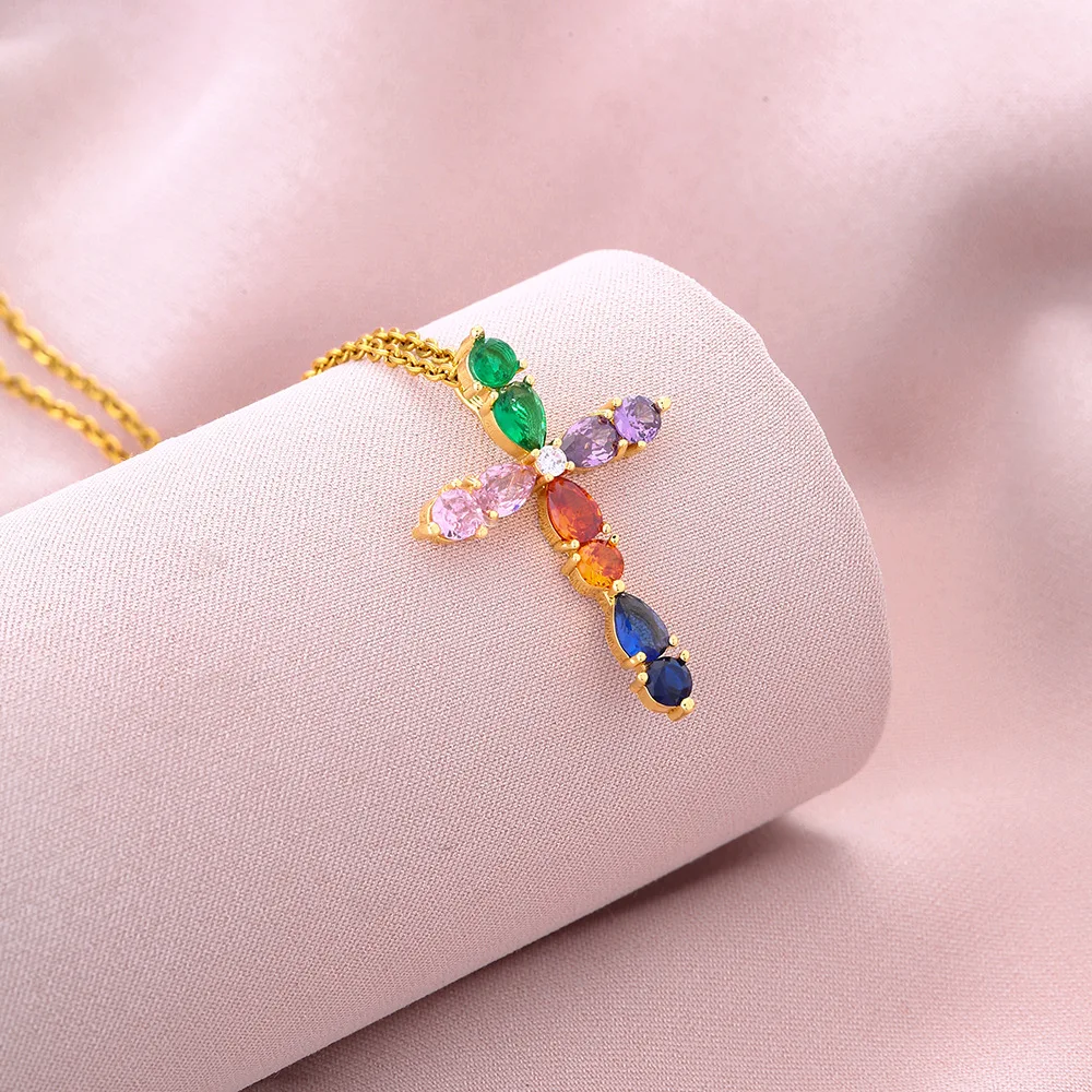 Цепь из нержавеющей стали PVD 18K позолоченный Цветной бриллиант CZ крест кулон ожерелье красочный кристалл для женщин