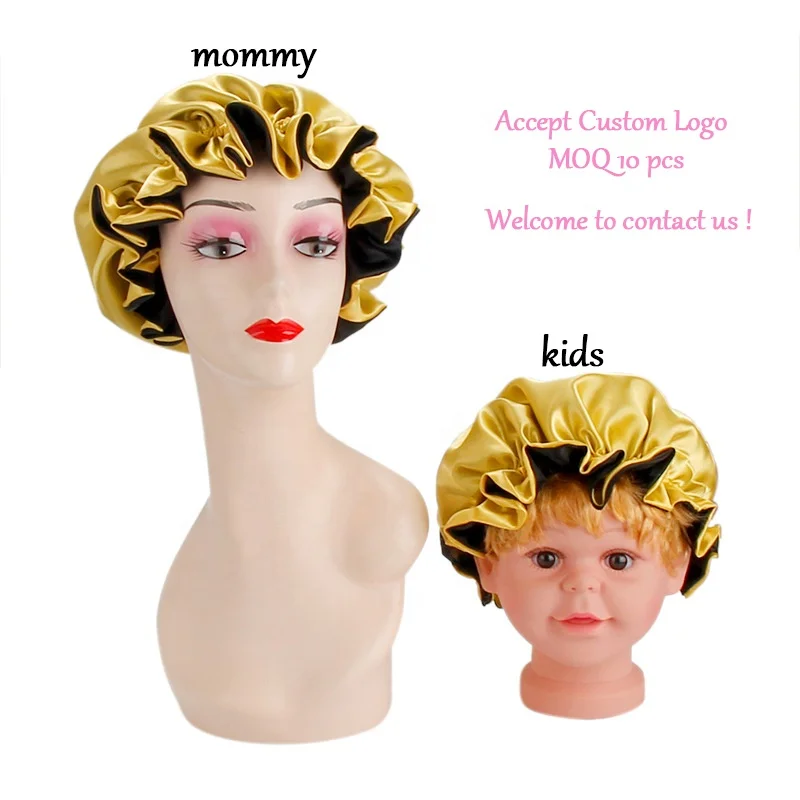 Reversible Double Layer Satin Bonnets Custom Size Design logo Silk Hair Bonnet Sleep Cap Black Mommy and Me Kid