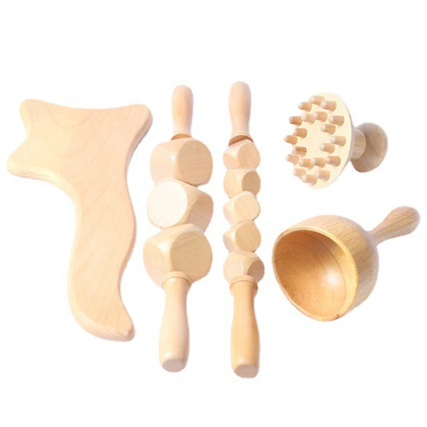 Wood Massage Roller Anti Cellulite Body Sculpting Pink Wooden Cup Tool Wooden Therapy Massage Tools Set