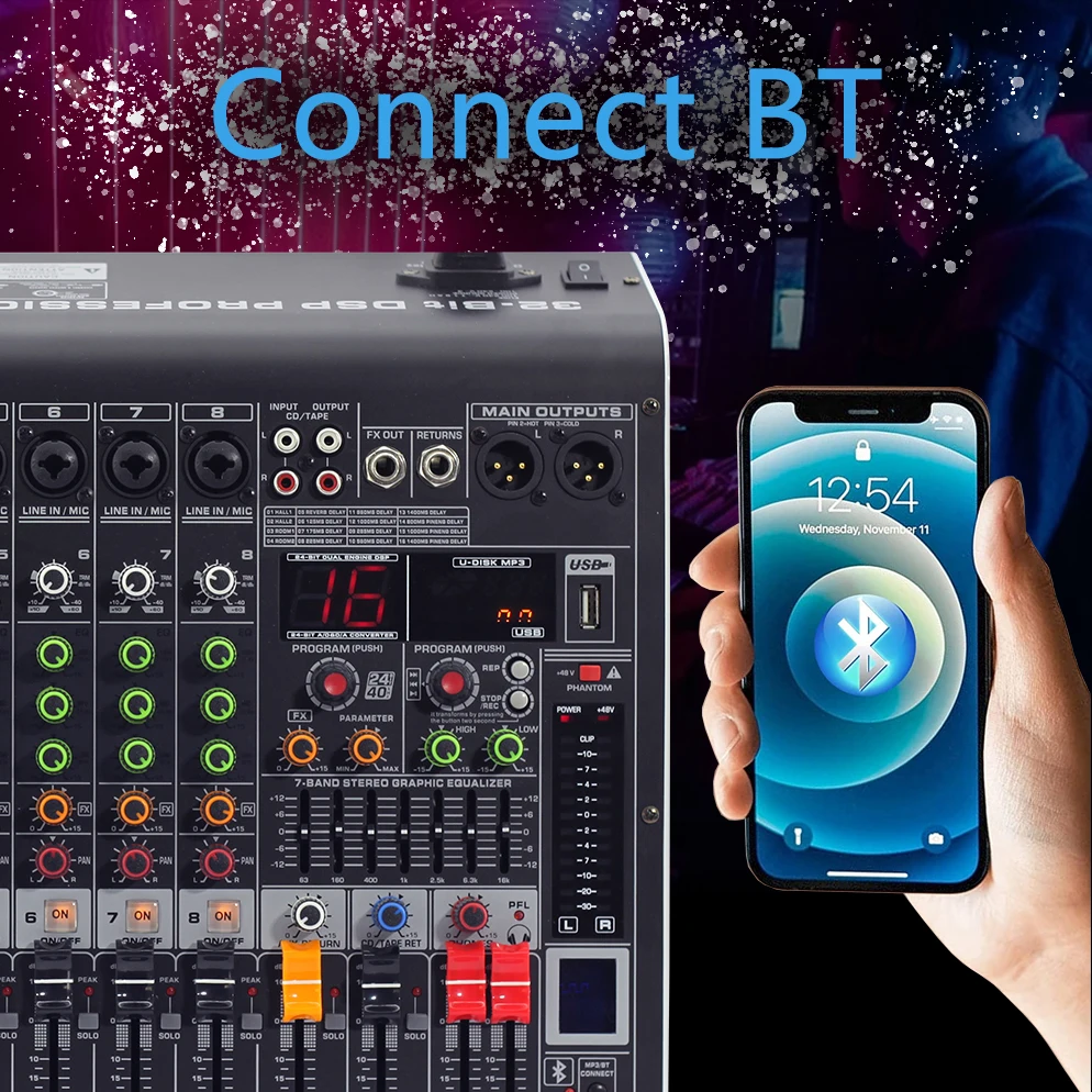 GAX-MC8 Digital Effects 8-Channel Mixing Console 24 Bit DSP Blueteeth Mixing Console Equipment DJ Mixing Console Equipment