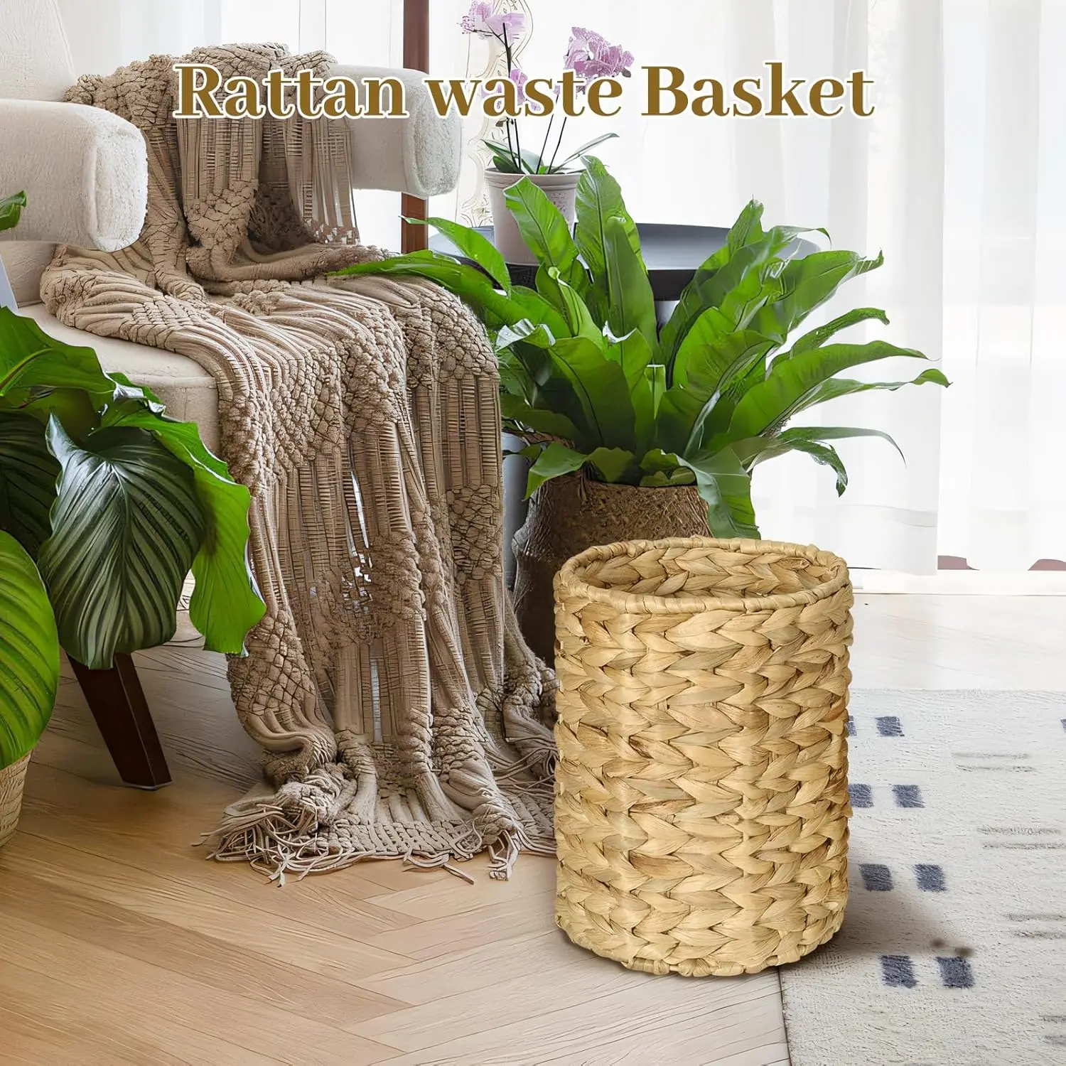 Natural Waste Basket Garbage Bin Seagrass Wicker Water Hyacinth Round Waste Basket Trash Bin With Lid