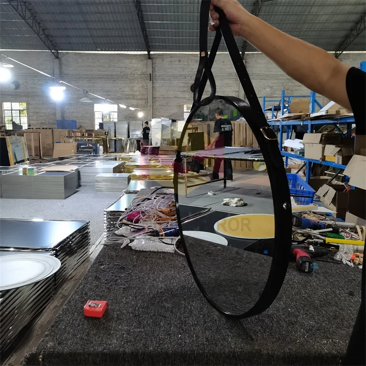 Modern aluminum frame mirror decorative wall mirror round mirror with leather strap