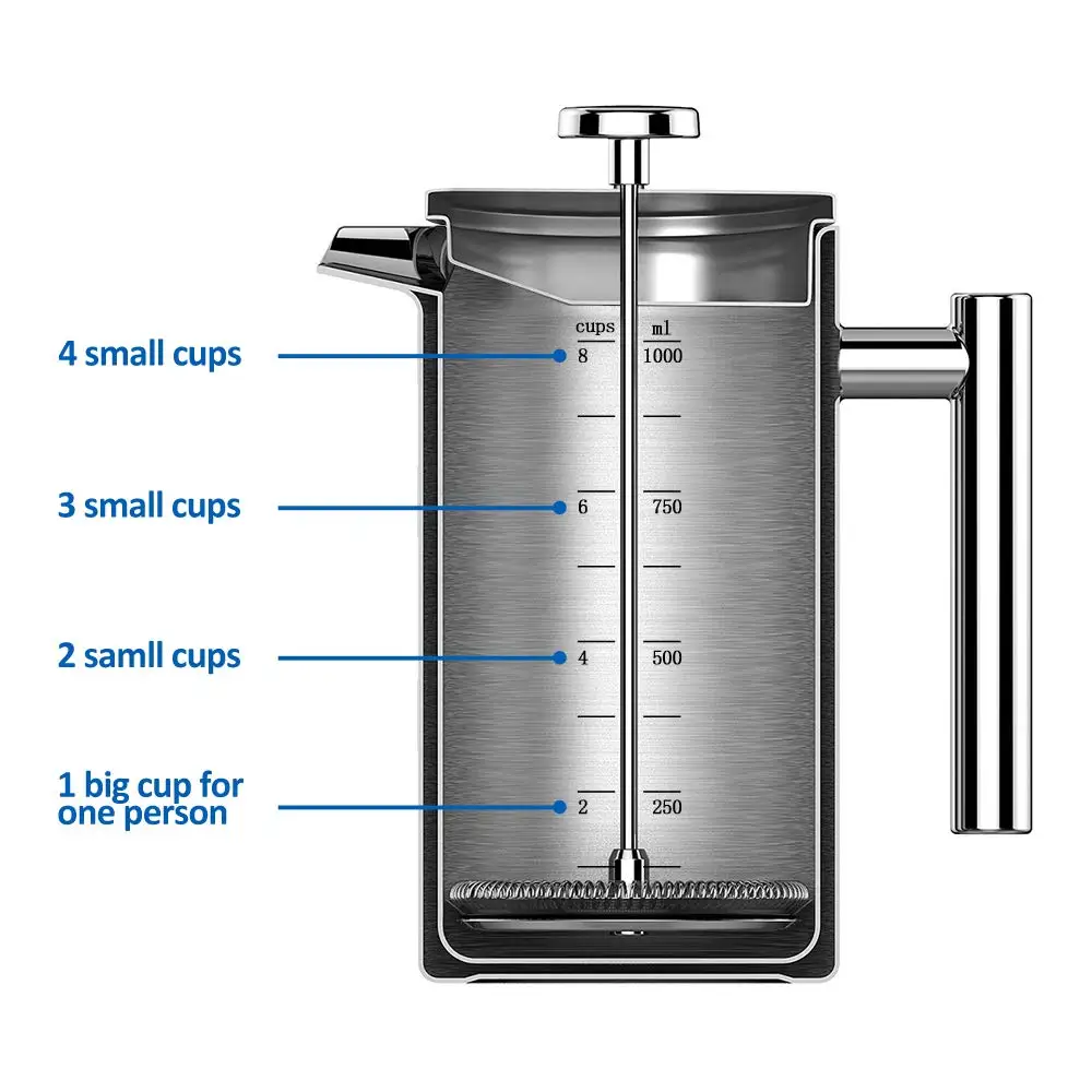 
Amazon 1000ml 34oz stainless steel double wall matte black color french press 