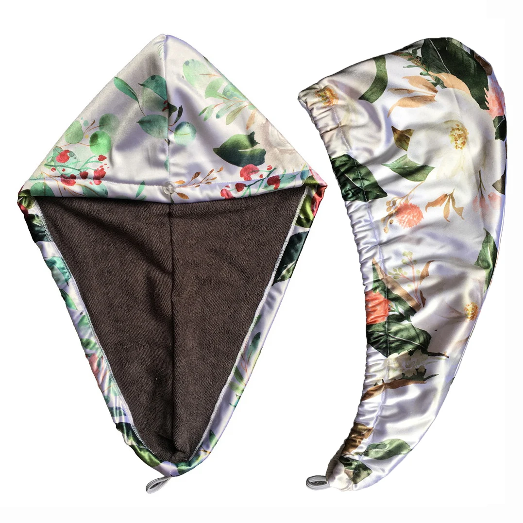 Terry microfiber hair towel silk satin lined hair towel satin hair drying towel