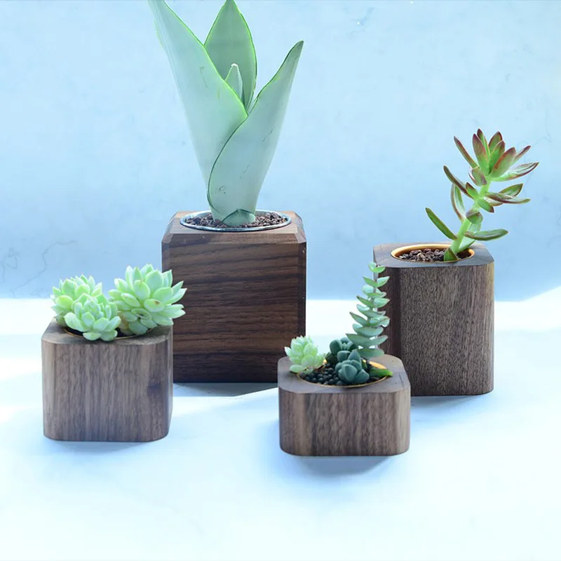 Base Potted Cactus Plant Flower Pot Aluminium Pen Container Beech Walnut Wooden Succulent Planter Decoration Garden Flower pots