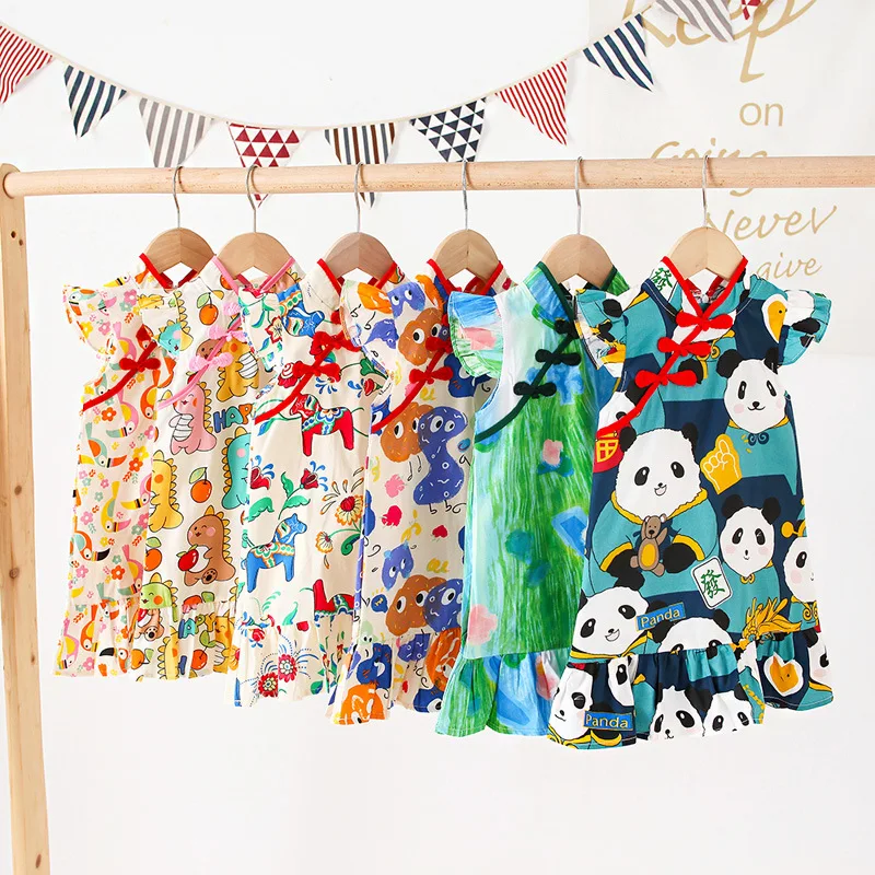 Chinese retro cardigan cute red panda baby dinosaur mahjong button flower petal sleeve baby clothing