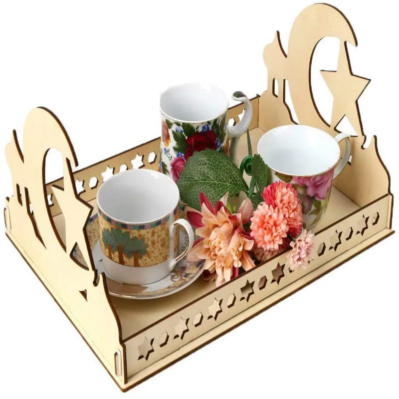 
Muslim Islamic Wooden Eid Party Food Serving Tableware Tray Ramadan Eid Mubarak Decoration 