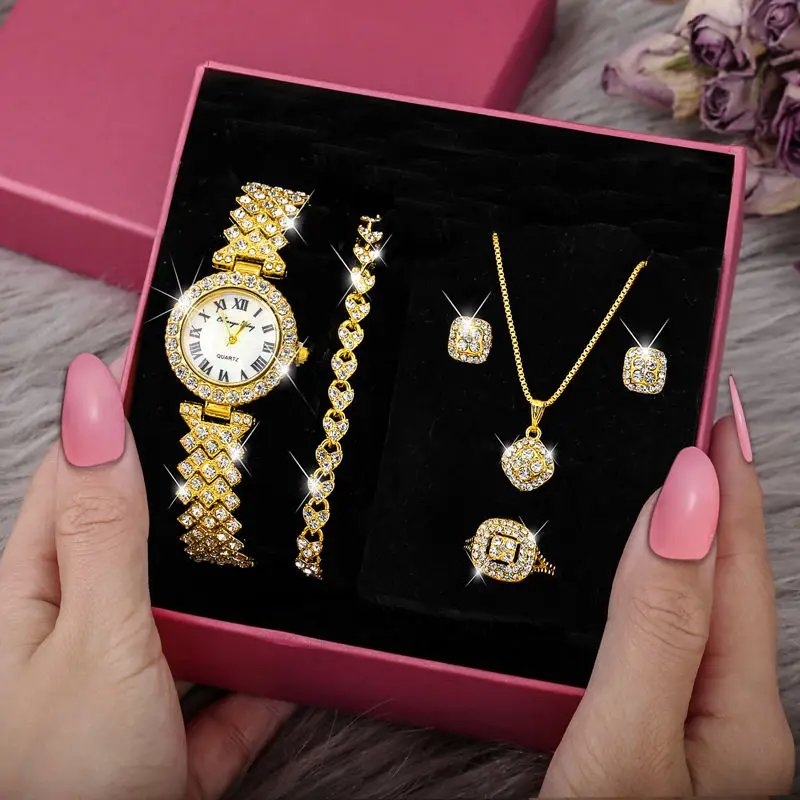 Hifive Luxury Quartz Watch Gold Silver Plated Jewelry Set Fashion Women Crystal Rhinestone Watches Bracelet Earring Necklace Set
