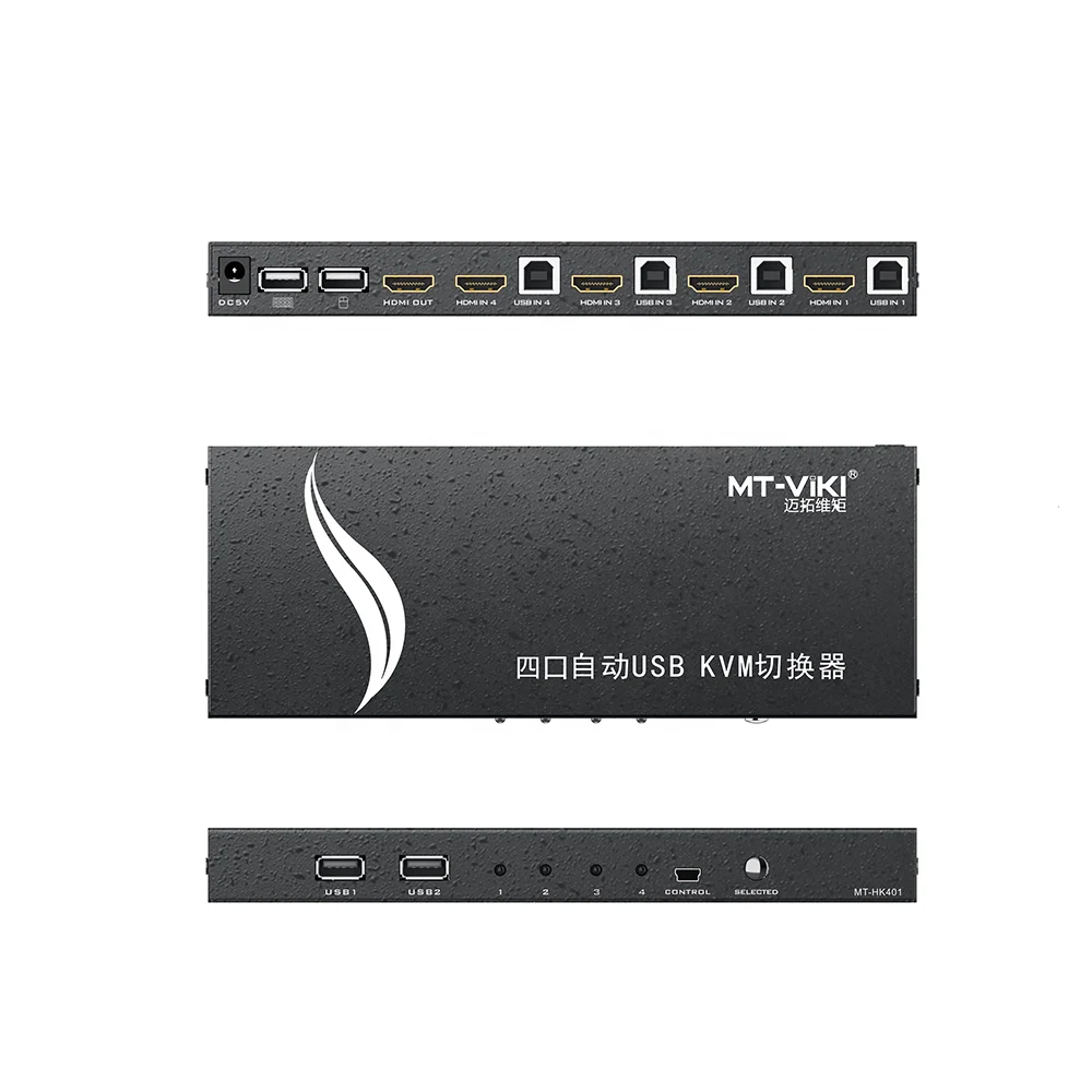 4 port KVM Switch HDMI 4K 60Hz, MT-VIKI USB HDMI KVM switch, support hotkey wireless keyboard mouse + Cables