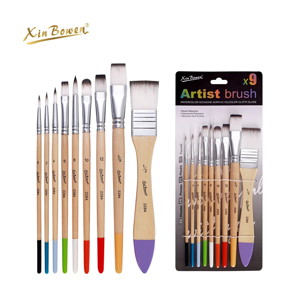 Xin Bowen 9 Pieces Soft Nylon Hair Painting Brush Set Artist Paintbrushes For Oil Watercolor Acrylic Paint Painting