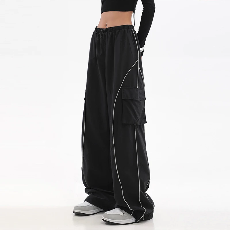 Custom OEM Manufacturer Vintage Pockets High Waist Streetwear baggy Casual ladies Long parachute Cargo Pant for women Trousers