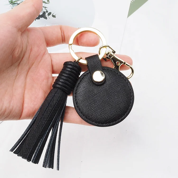 Black Saffiano Leather Circle Round Shape Keyring, Personalised Rose Gold Keychain With Tassel