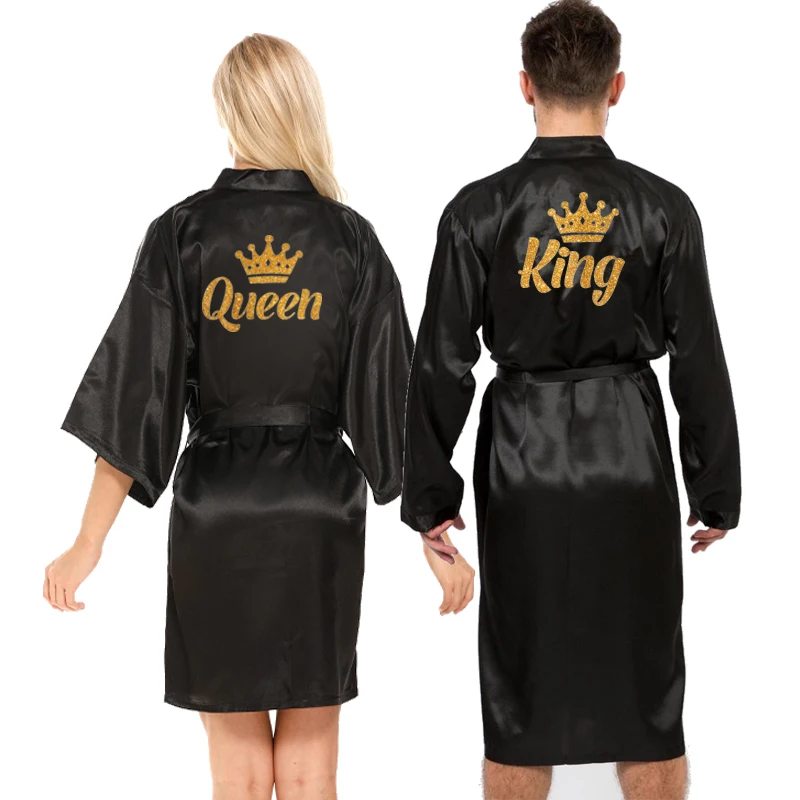 
Women Men Personalized Customized Satin Kimono Robe For Male King Female Queen Nightgown 