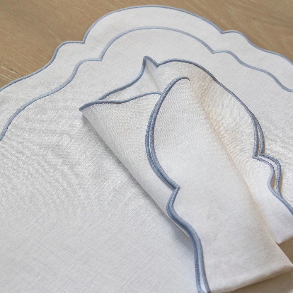 45*45cm Custom French Classic home dining table Embroidery scalloped 100% pure flax fabric Linen napkins for Wedding Hotel