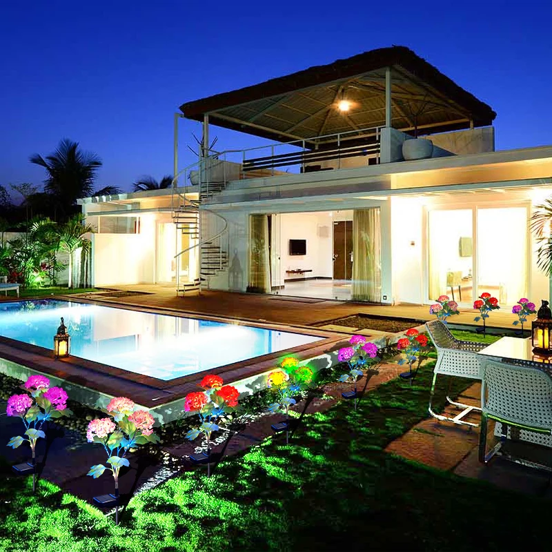 Led solar outdoor colorful decoration hydrangea light garden lawn landscape light plastic flowers artificial flowers light