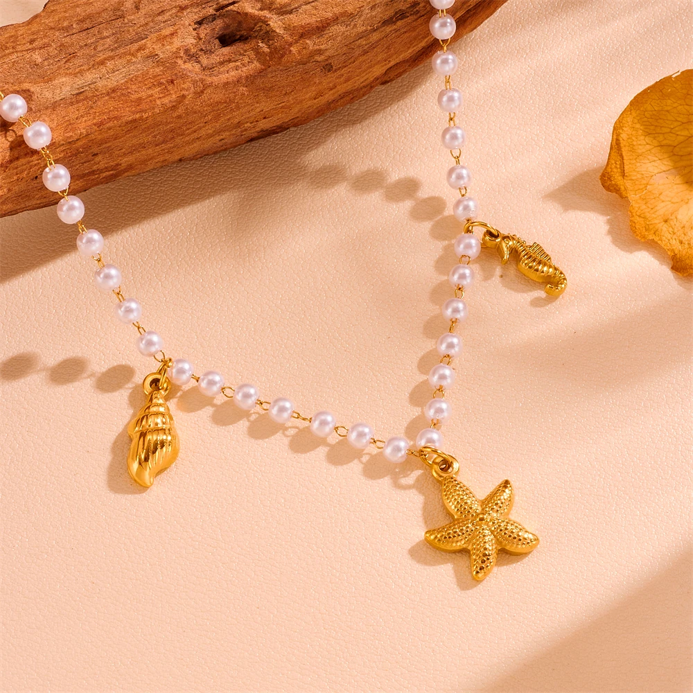 2025 New Summer Stainless Steel  18K PVD plated Pearl Sea Star Dolphin Shell Pendant Beach Pearl Necklace