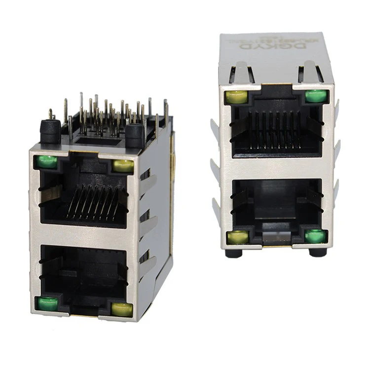 KRJ-5921S21YGNL shielded cat5 dual port stacked rj45 connector