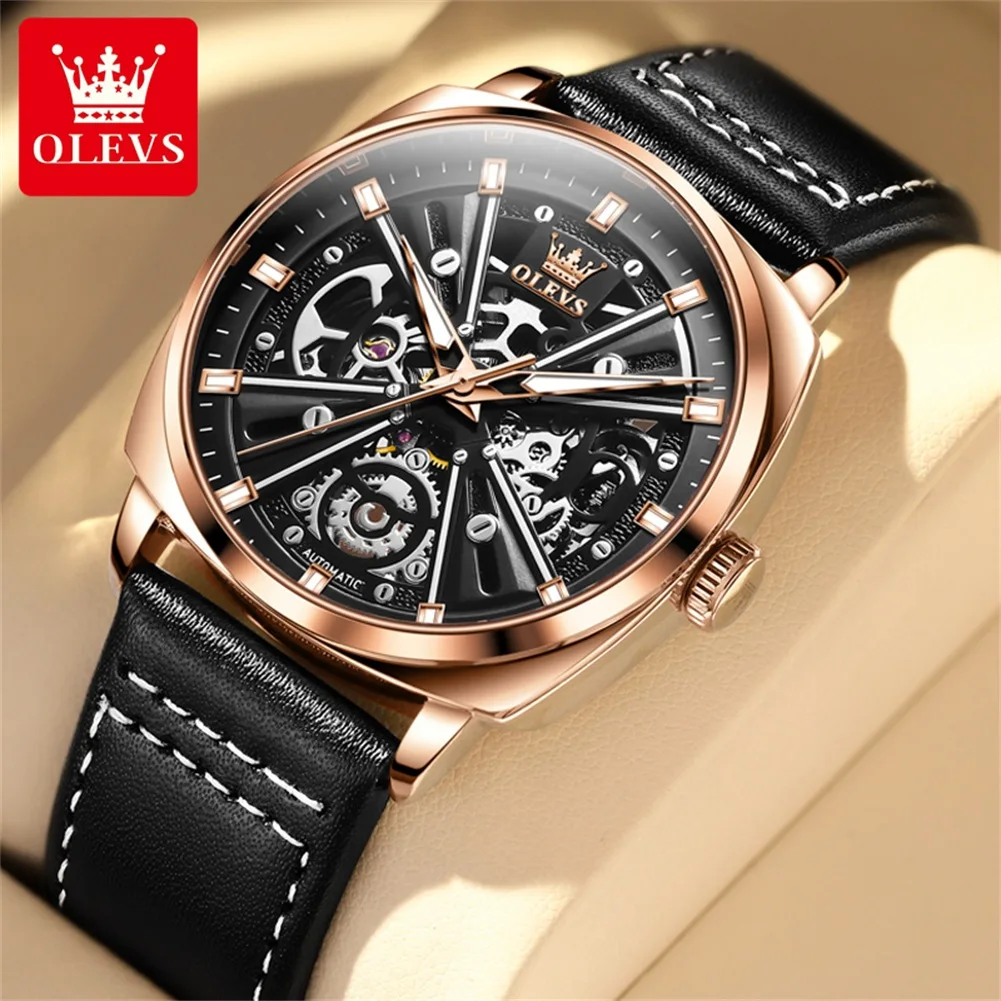 OLEVS 6685 Casual Tourbillon Fashion Leather Belt Watches For Men Automatic Mechanical 12 Hours Wrist Watch