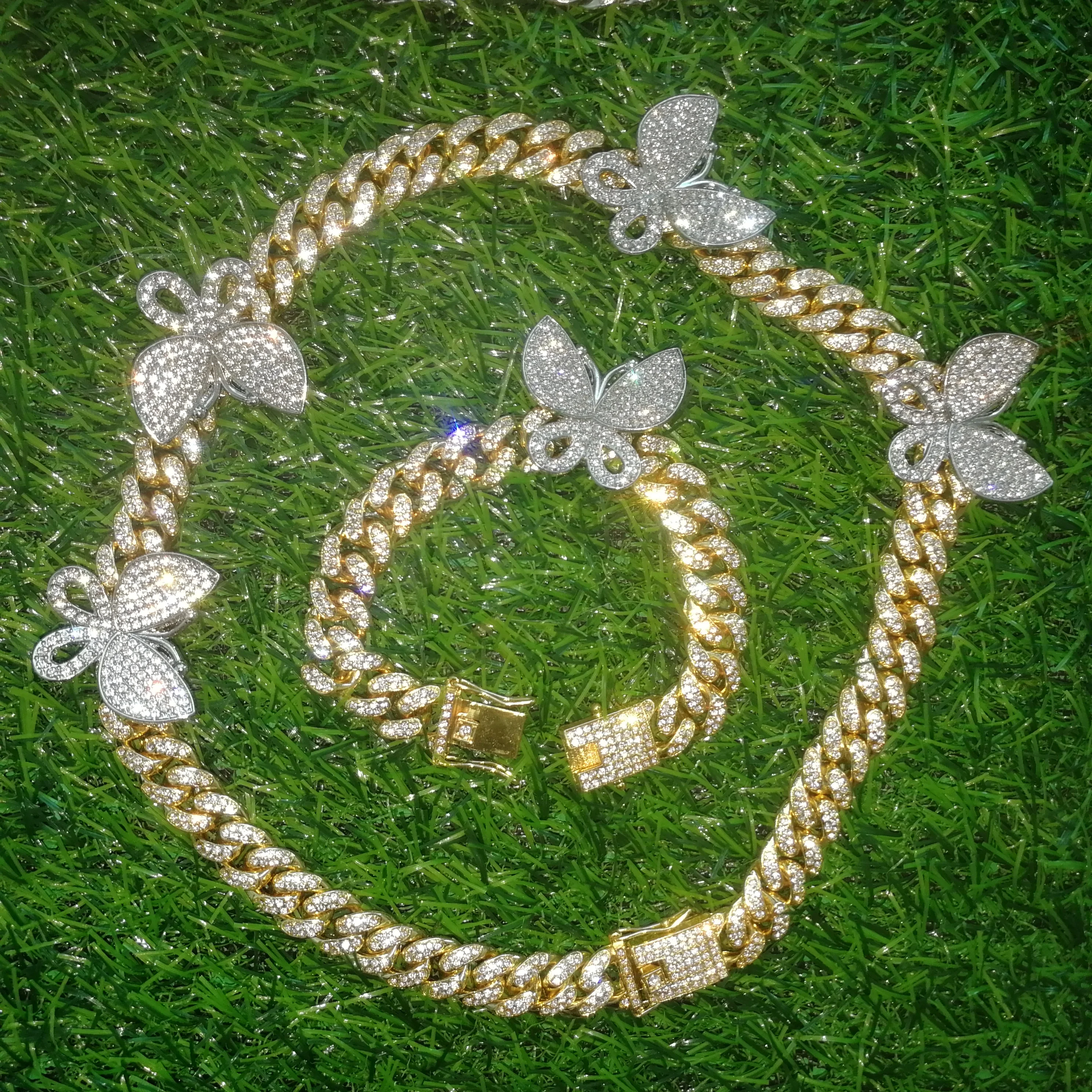 ICED OUT BLING hiphop women girl jewelry cuban link chain blue butterfly necklace