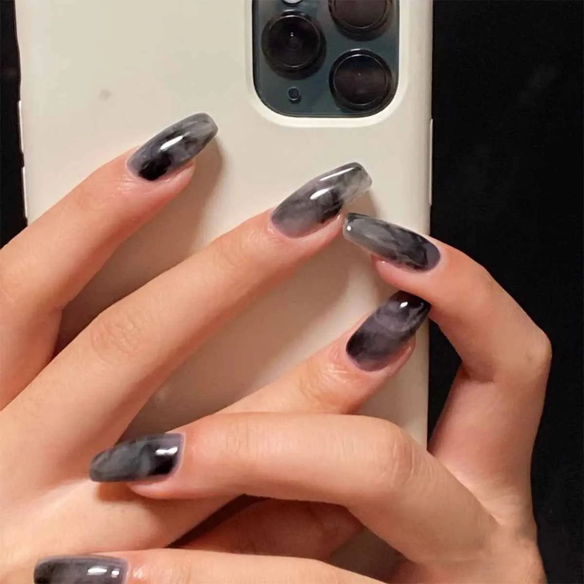 24Pieces Black Color Ballerina Coffin Square Stiletto French Designs False Nail Press On Nails With Jelly Glue