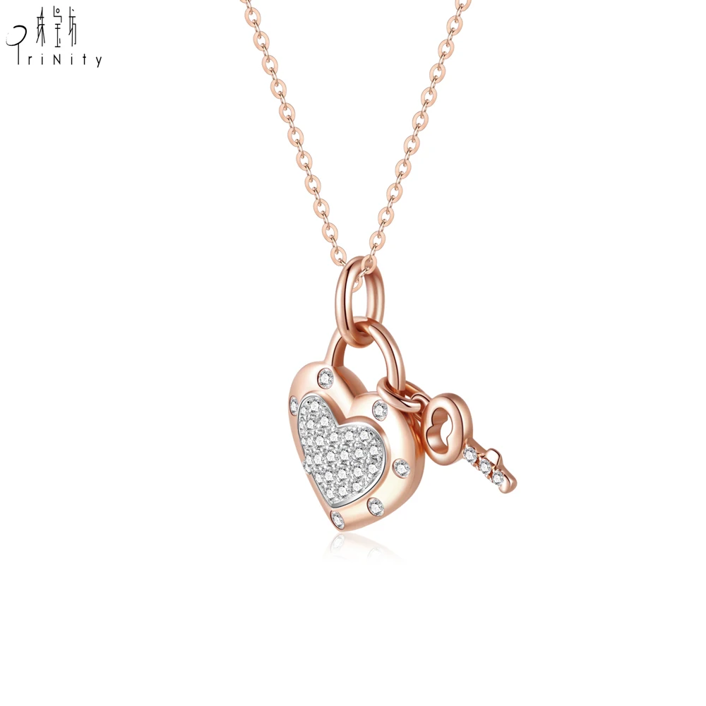 Trendy Simple Romantic Style 18K Soild Gold Real Natural Diamond Heart Lock Pendant Necklace For Women