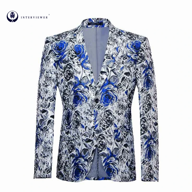 
Free logo design and fast shipping white blue floral print casual jacket suit coat sets short dress blazers for men 1 piece 