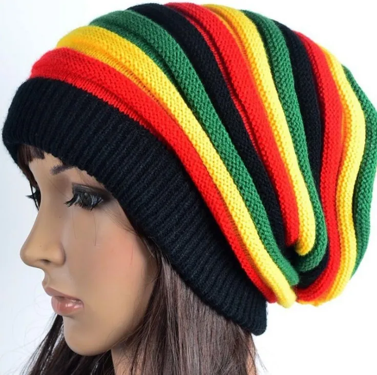 Fashion Jamaican Reggae Cap Multi Colour Striped Hat Crochet Slouchy Baggie Beanie Skullies Rasta Hat Unisex