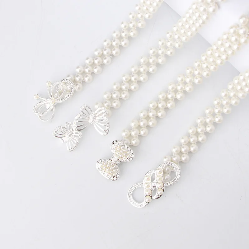 Wholesale Women Vintage Pearl Waist Chain Fashion Rhinestone Pearl Belt Elastic Beaded Belt for Women Dress Accessories