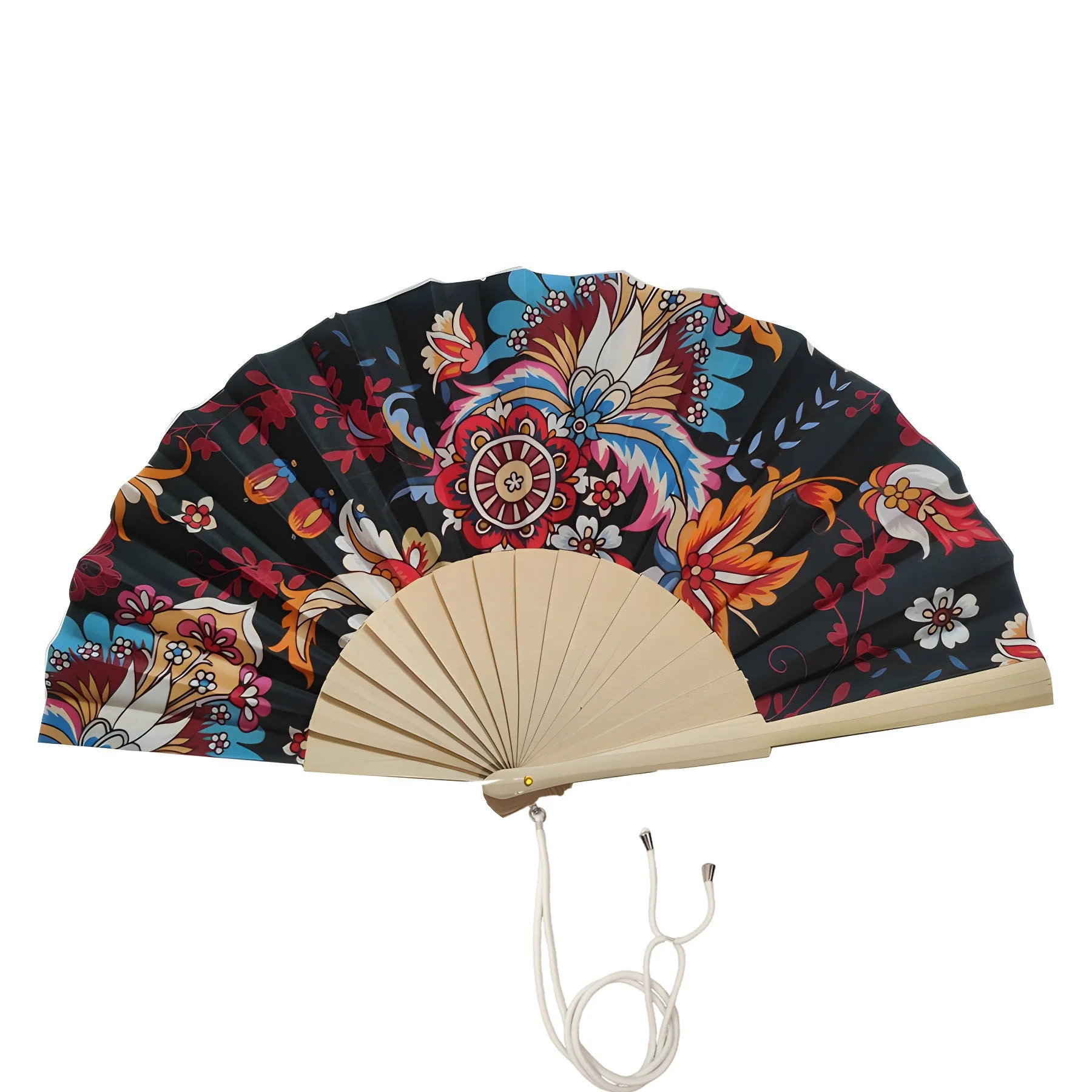High quality wholesale 23cm original color wooden folding handheld fan fabric wood handmade fan with hook and rope
