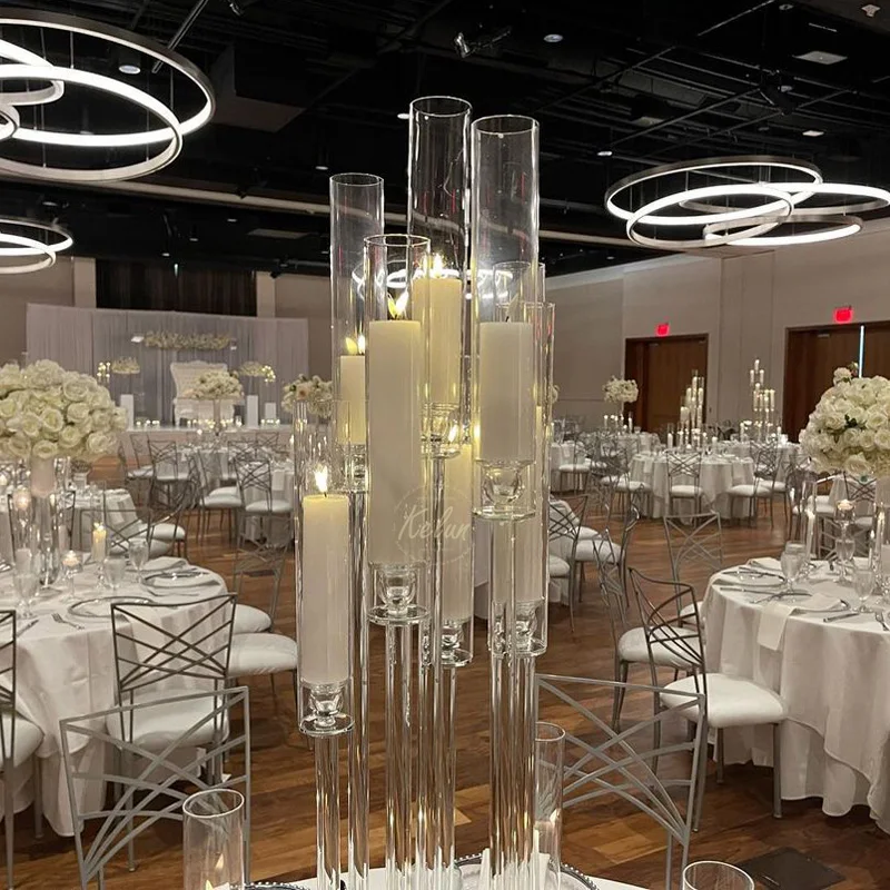 GJ-CH1-15 wholesale crystal Clear Candelabra for wedding table candlestick holder 10 arm candle stand for party event decoration