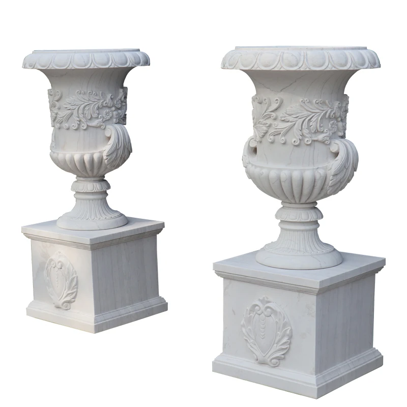 New Customization Garden decoration natural Unique design white Hand carved marble urns