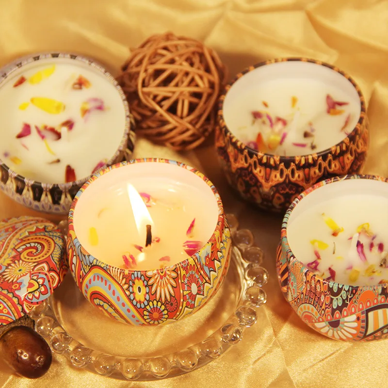 wholesale Scented dry flower creative tin can mini scented candle soy wax home birthday candle