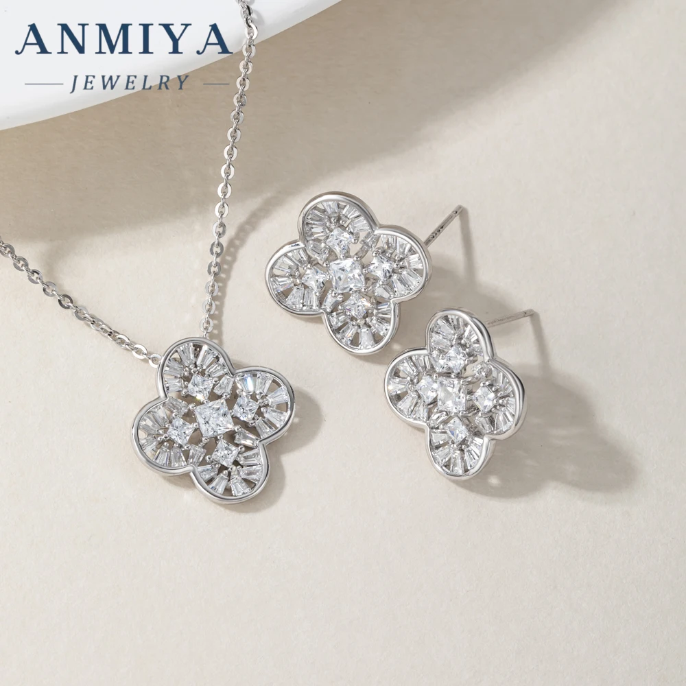 High End Rhodium Plated Zirconium Four Leaf Clover Set S925 Sterling Silver Necklace Earrings set Jewelry