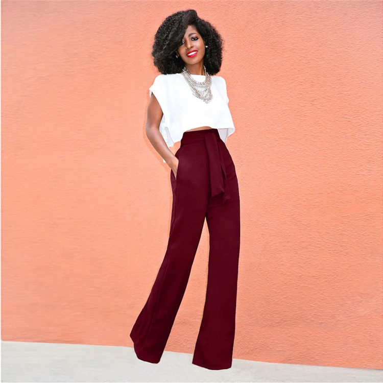 wholesale casual  basic pure color wide leg pants women with bandage