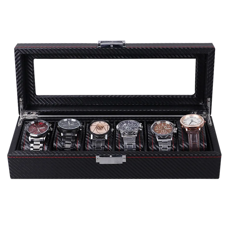 Yiwu Wholesale Watch Box 6 Slots Carbon Leather High-grade Watch Packing case Black Transparent Window Watch Display Box