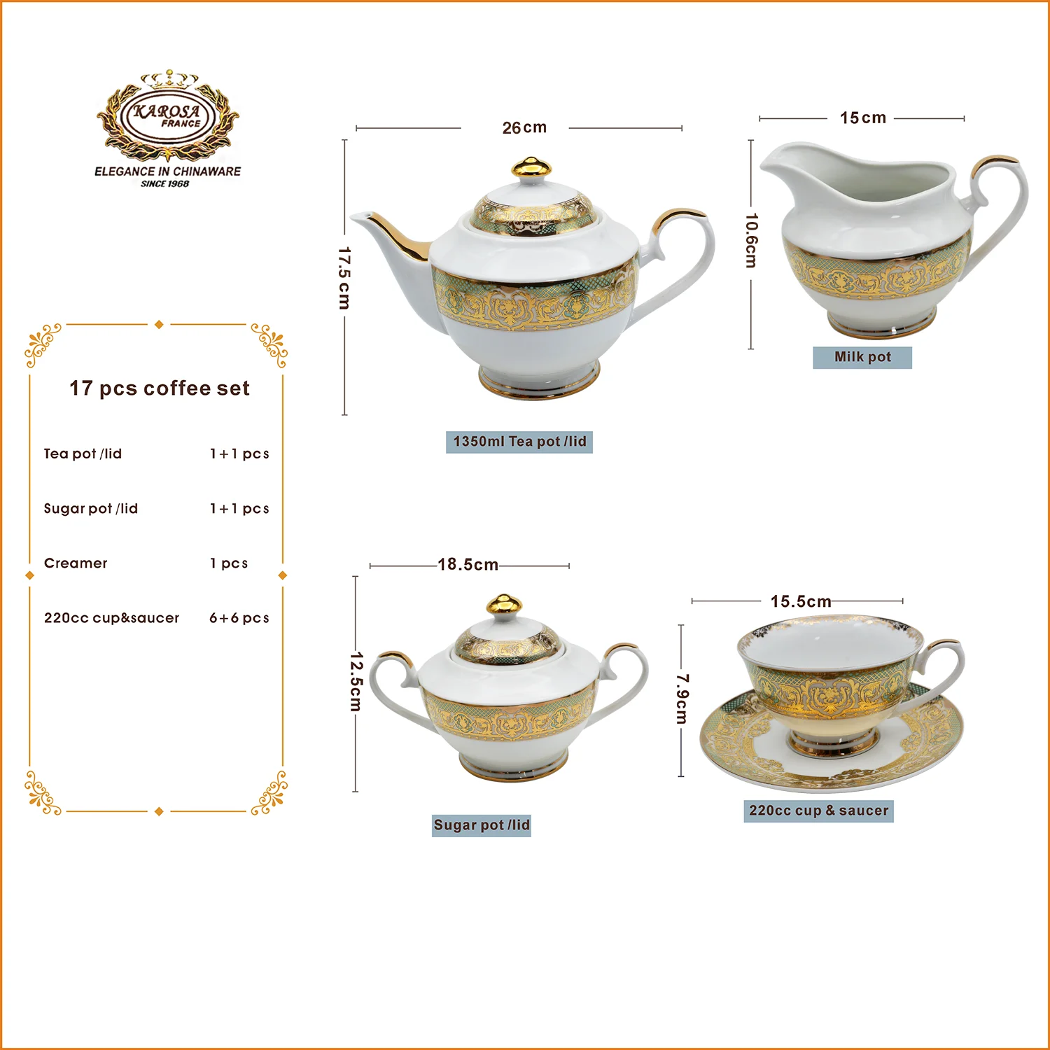 KAROSA Luxury Western style 17PCS tea/coffee set for 6 person German 24K embossed shiny real gold dinner set
