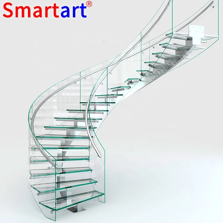 SmartArt 2022 Curved arc Spiral Stairs,Indoor Staircase,Luxury Modern Home Decoration Glass Stairs Wooden Stairs Made In China