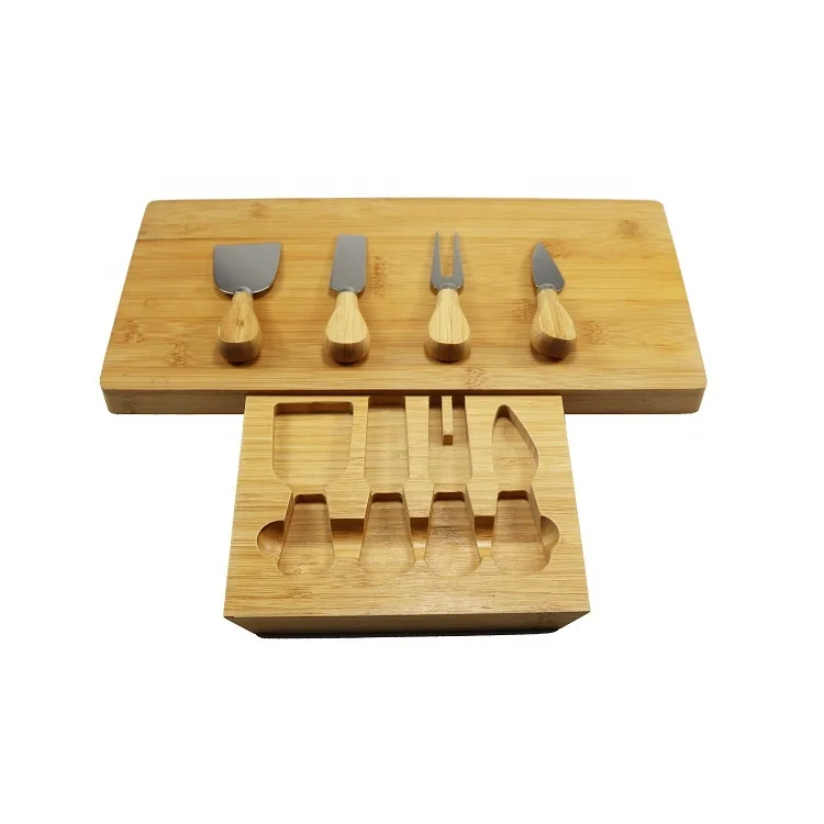 
Bamboo Cheese Serving Board and 4 Pieces Cheese Knife with Slide-Out Drawer 